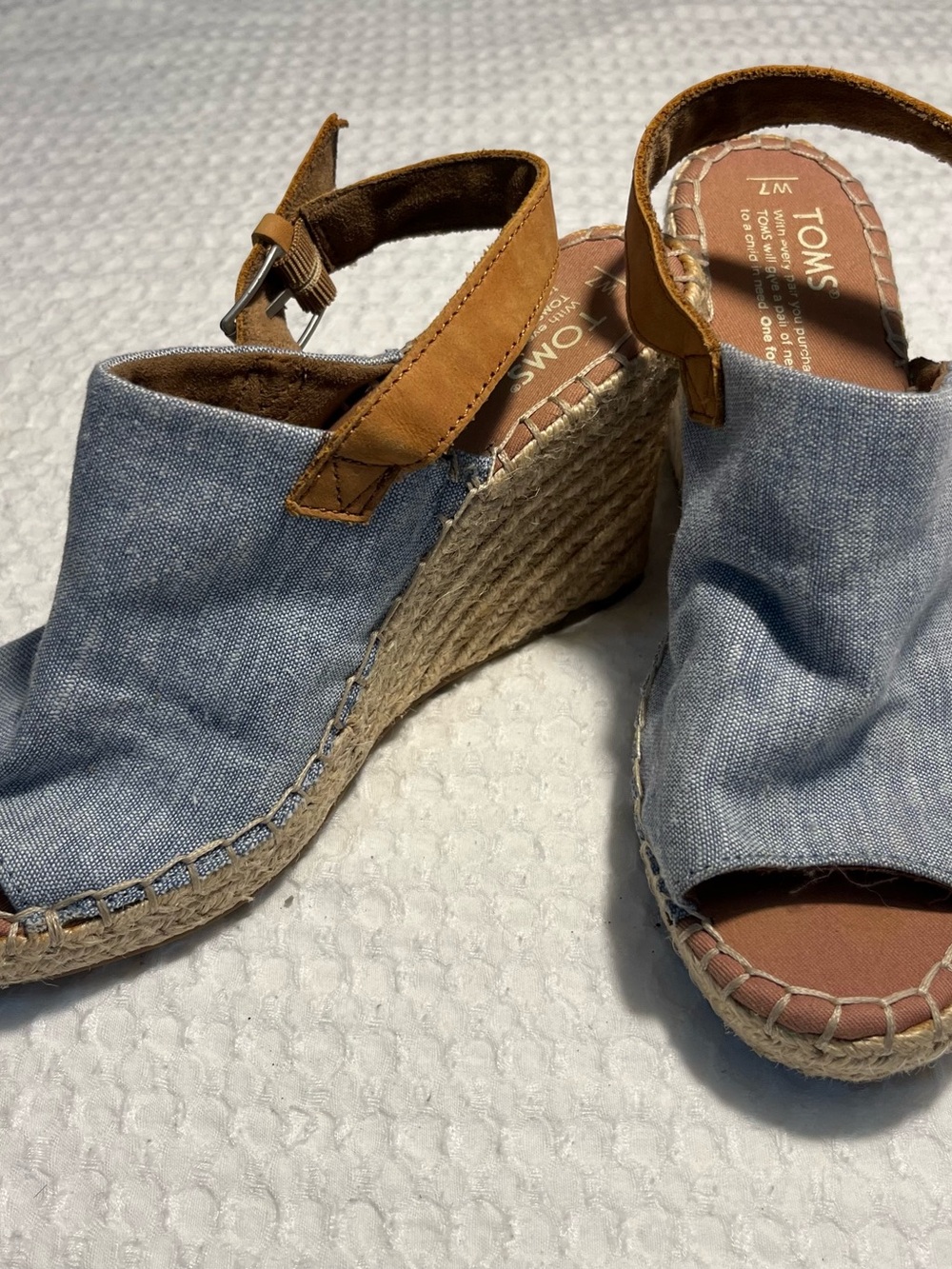 TOMS Light Blue Canvas Espadrille Wedge Sandals with Tan Straps
